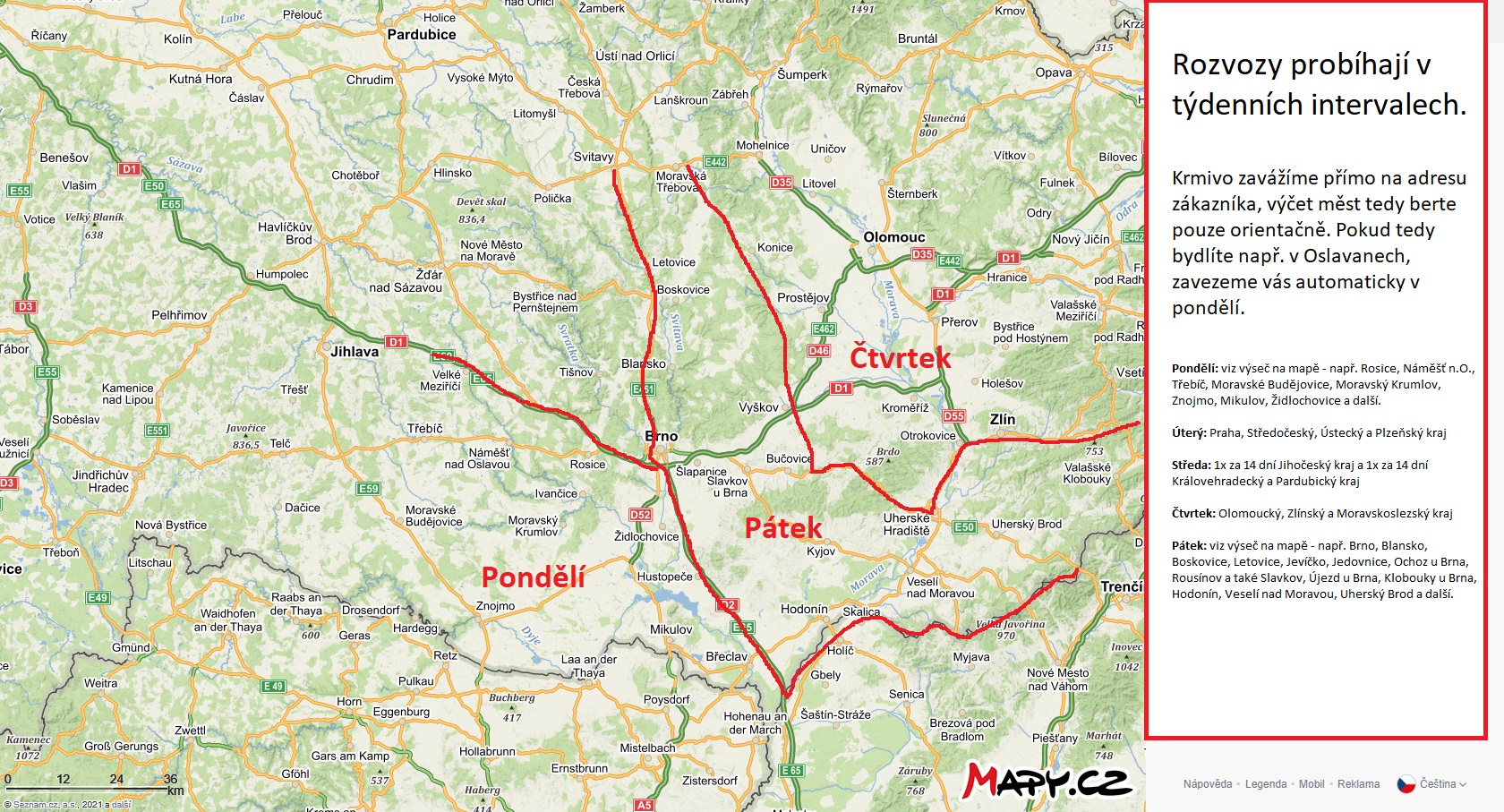 Mapa rozvozů